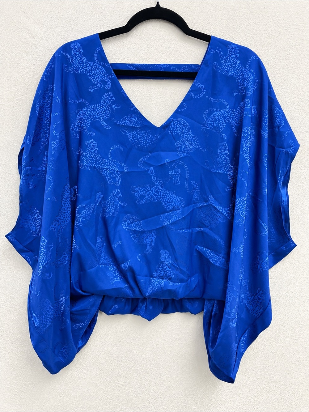 Umgee Cobalt Blue V-Neck Dolman Top with Leopard Motif